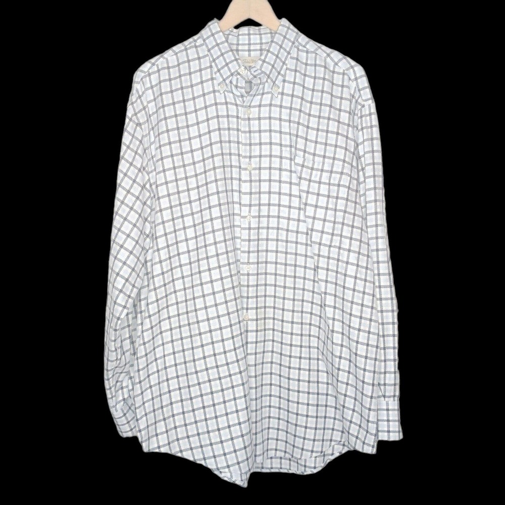 Peter Millar Comfort Shirt Men's Large White Blue Plaid Long Sleeve Button Down